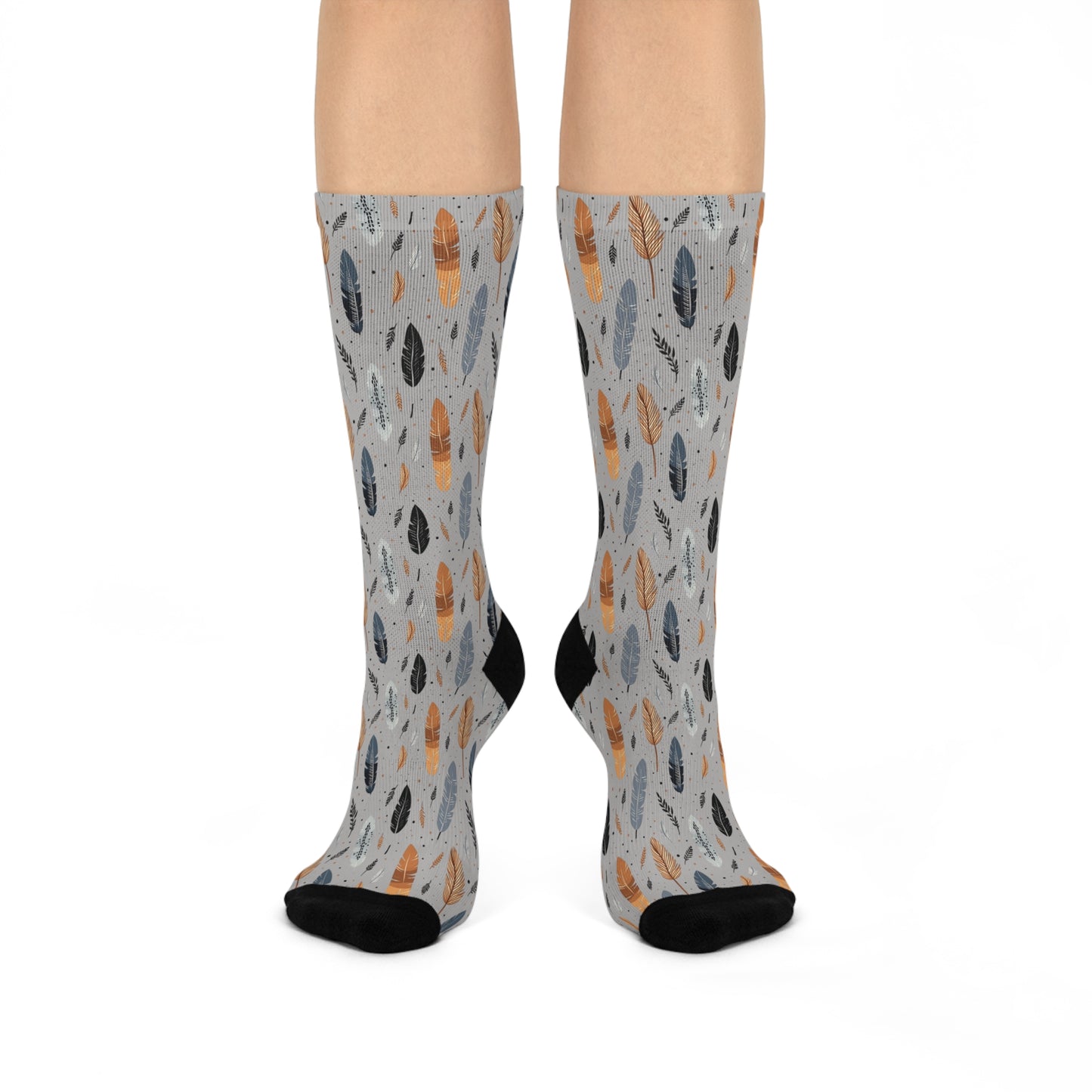 Whispering Feathers Grey Cushioned Crew Socks - Comfortable DTG Print One-Size Style