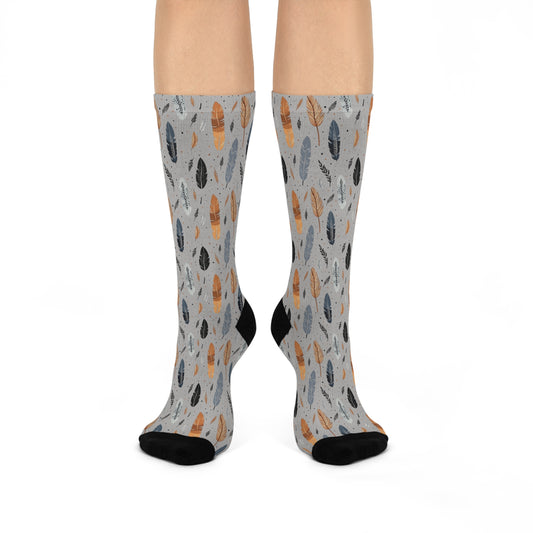 Whispering Feathers Grey Cushioned Crew Socks - Comfortable DTG Print One-Size Style