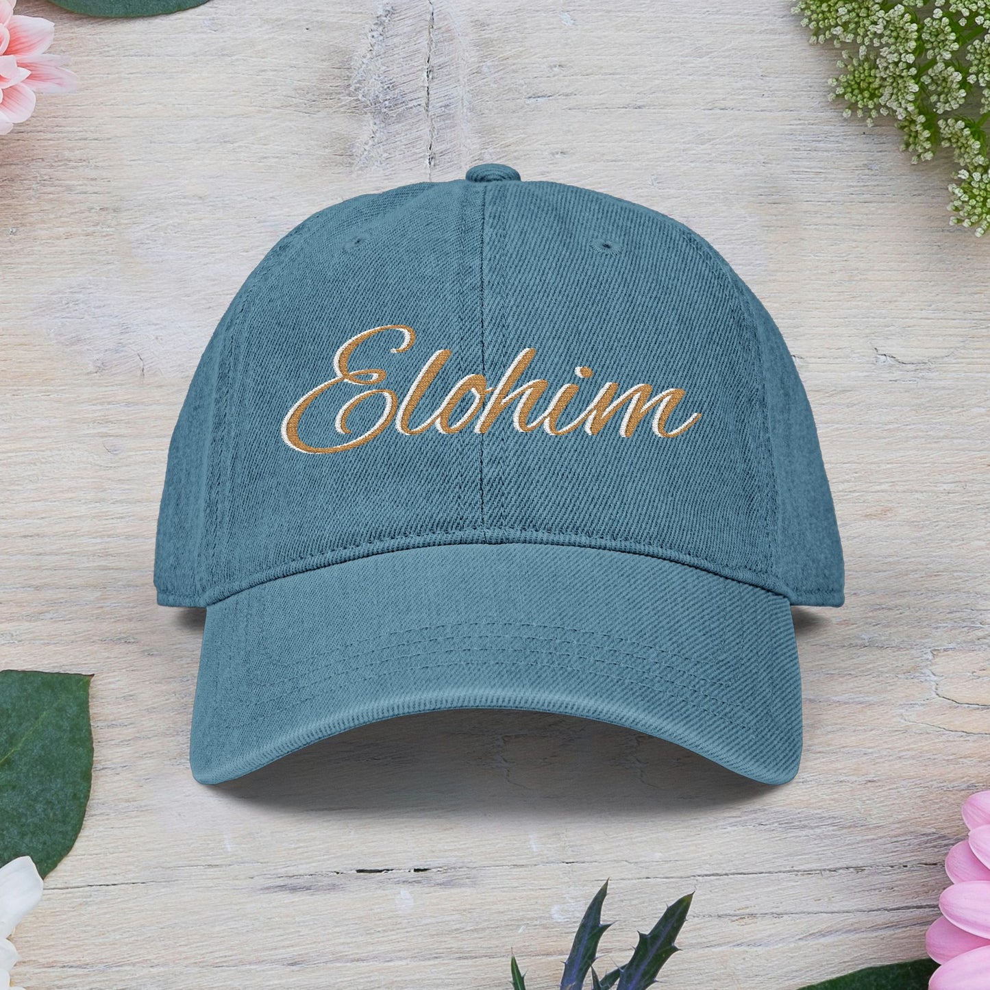 Denim 'ELOHIM, GENESIS 1:1' Hat (Embroidery), Stylish Casual Hat, Gift for Him/Her, Summer Accessory, Trendy Streetwear, Spiritual Fashion.