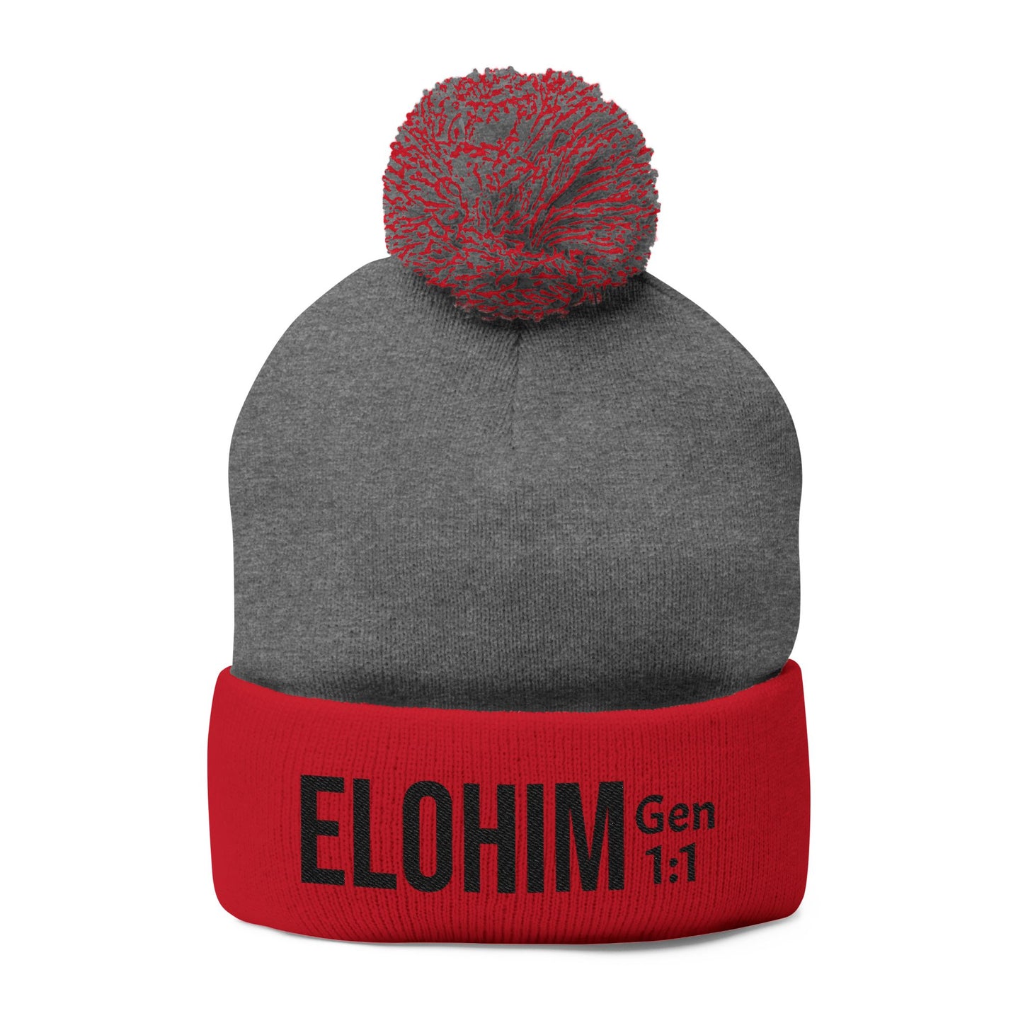 Cozy Pom-Pom Knit Cap with 'ELOHIM, GENESIS 1:1'  Embroidery Beanie - Stylish Winter Accessory for All Ages, Perfect Gift for Birthdays, Holidays, and Outdoor Activities