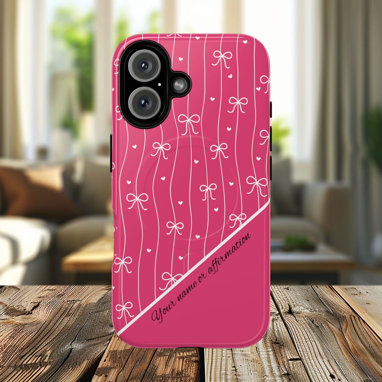 Pink Bow Coquette Magnetic Tough Magnetic MagSafe®  Case — (Add Name or Affirmation)-iPhone® 13, 14, iPhone 15, iPhone 16, iPhone 17, Pro, Pro Max, Plus Cases.