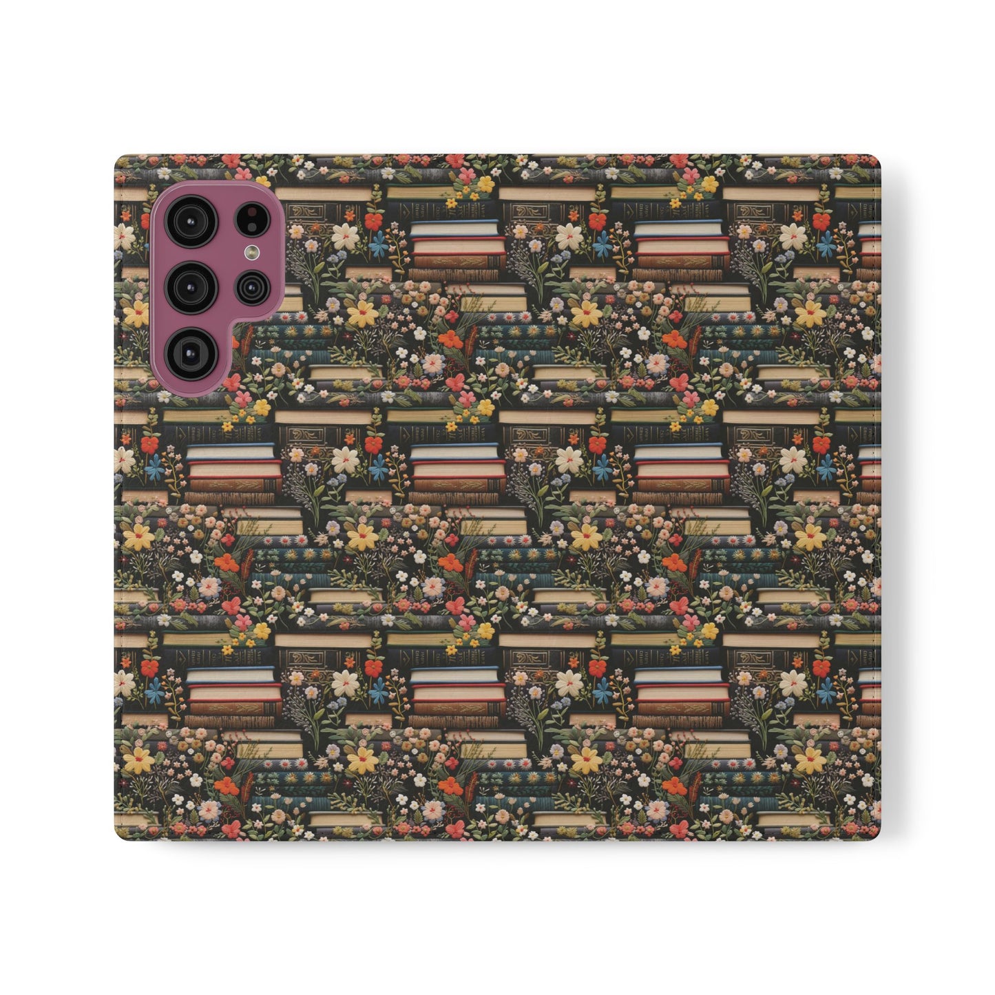 Book Stack Floral Flip iPhone and Samsung Phone Case — Vintage Library Wallet Cover.