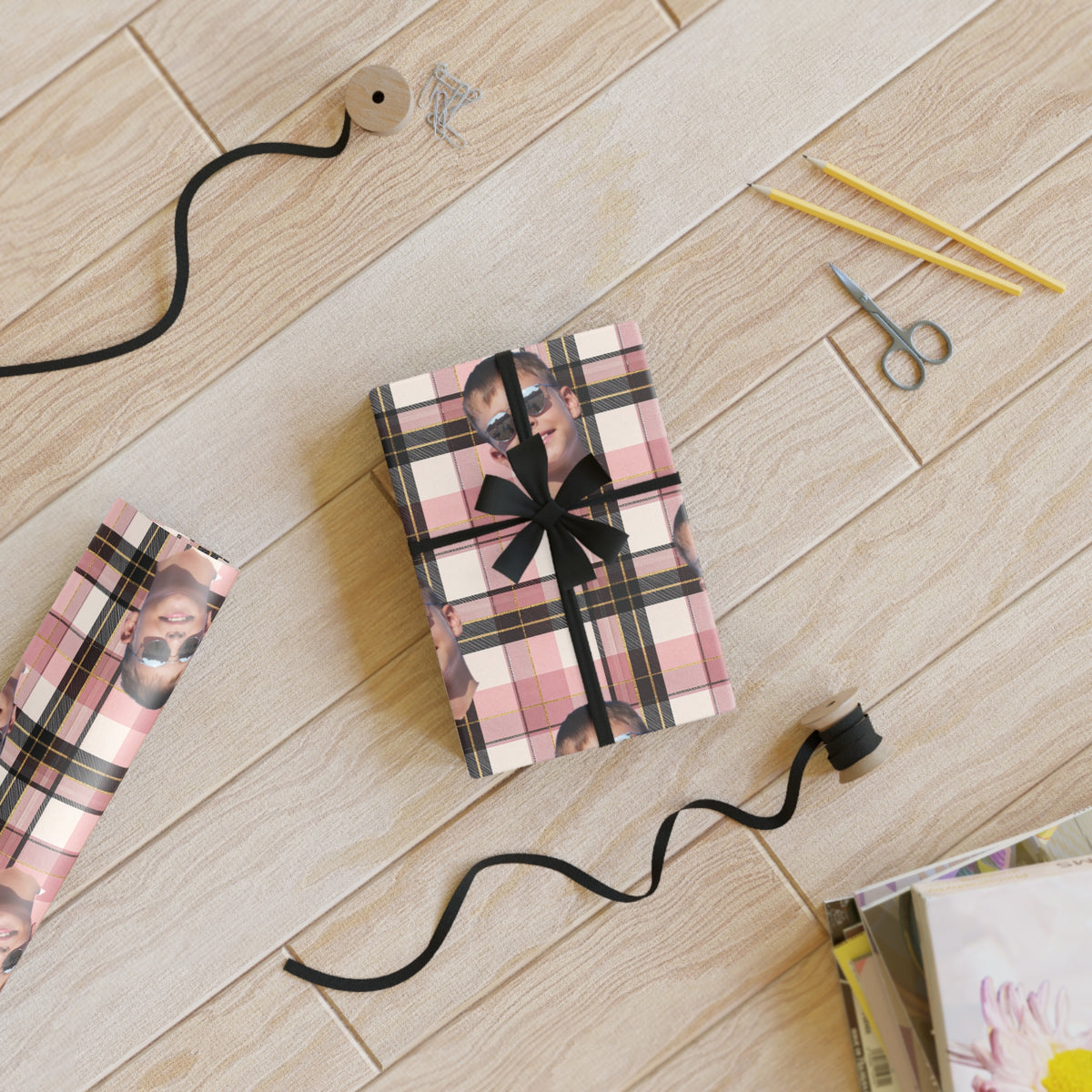 Personalized Photo Plaid Wrapping Paper Roll — Custom Face Gift Wrap