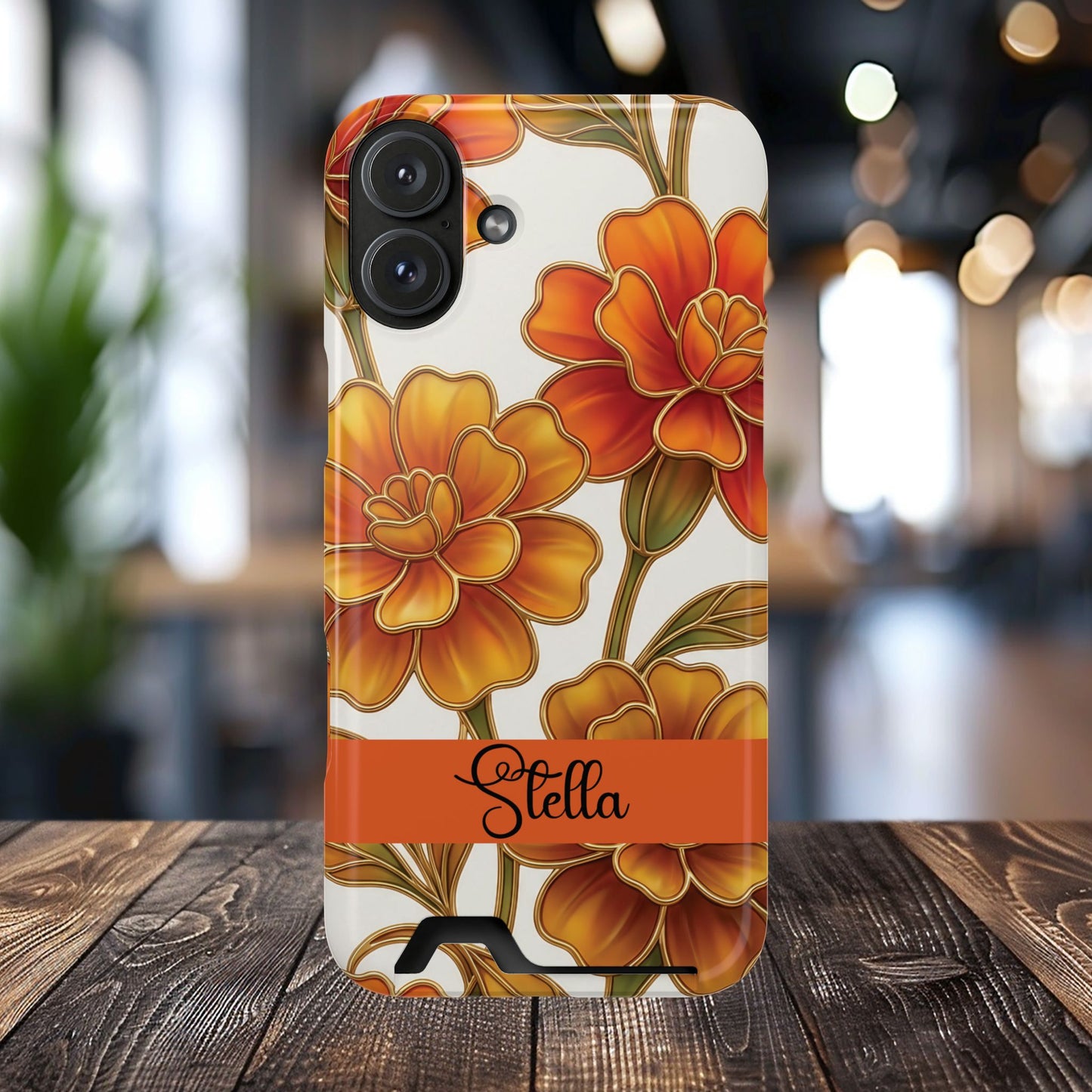 Personalized Orange Stained Glass Effect Marigold Floral Cardholder iPhone and Samsung Case