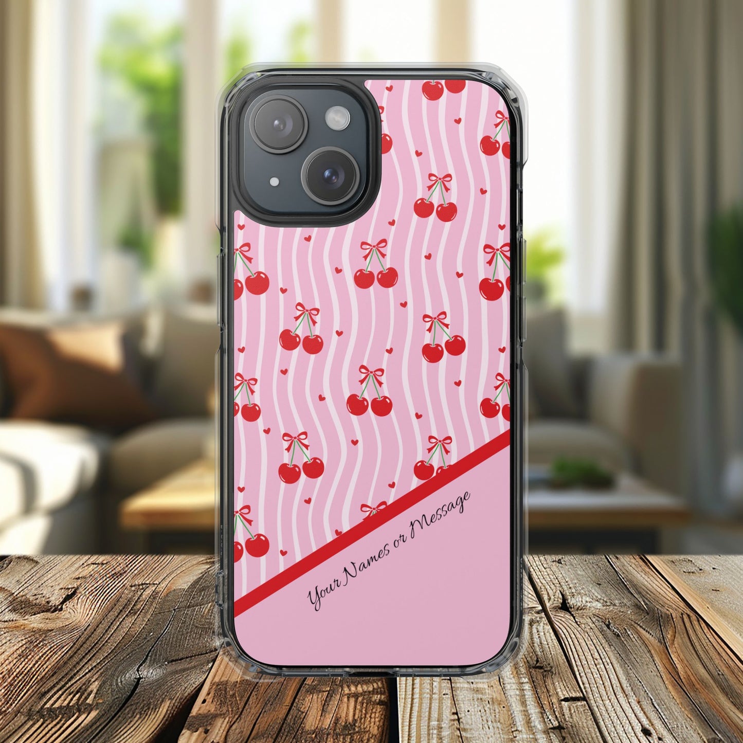 Personalized Cherry Blossom Dreams Clear Magnetic MagSafe iPhone® 13, 14, 15, 16, 17, X/XS, SE, XR, Mini, Pro, Pro Max, Plus Cases. — Customizable Name Accent