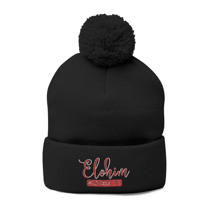 Red Pom-Pom Knit Cap with 'ELOHIM, GENESIS 1:1'  Embroidery Beanie - Stylish Winter Accessory for All Ages, Perfect Gift for Birthdays, Holidays, and Outdoor Activities