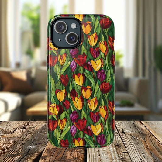 Floral Luminous Whirl Tough Magnetic iPhone Case, Stylish Protection for Everyday Life, Gift for Flower Lovers, Unique iPhone Accessory, Stained Glass iPhone Protection.
