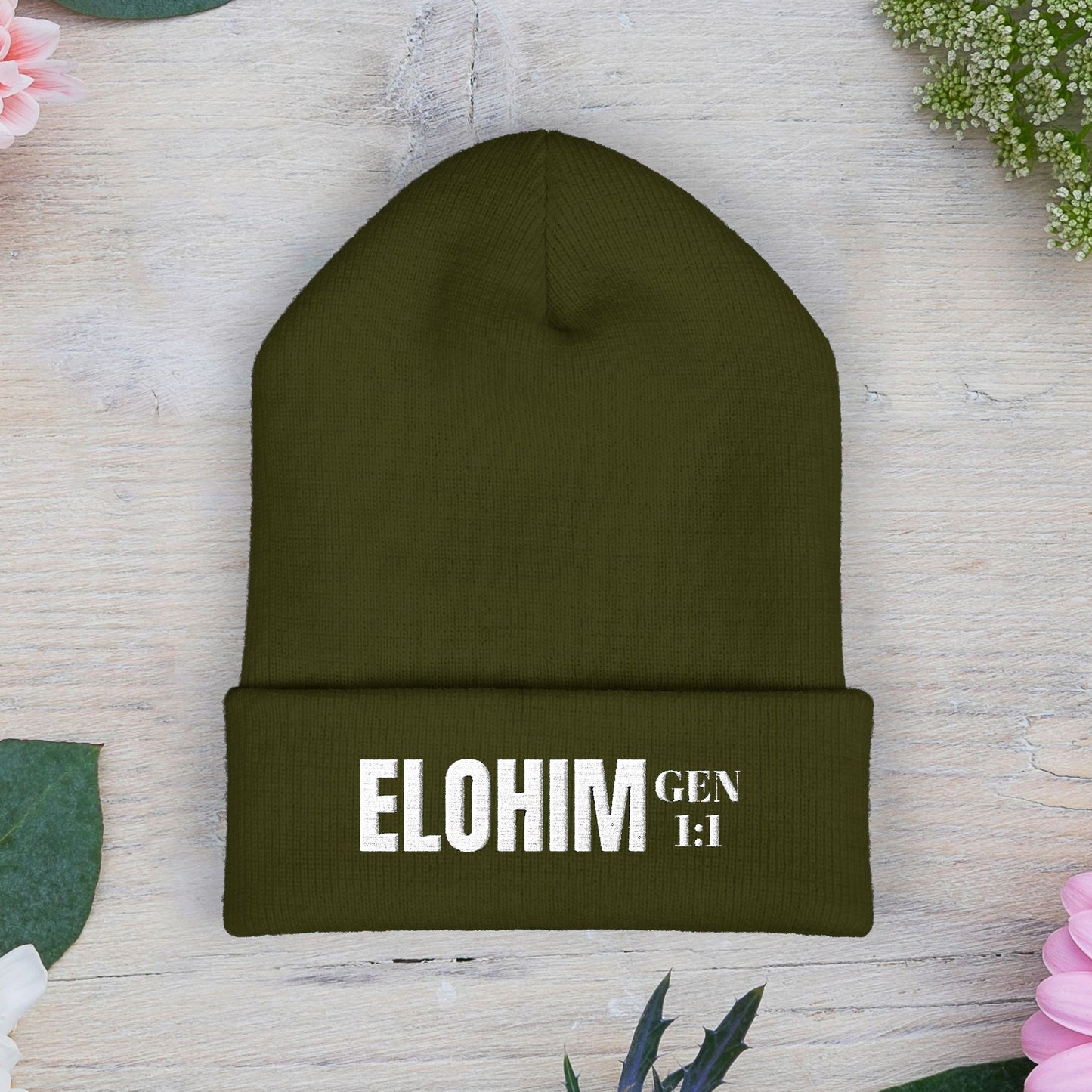Embroidered 'ELOHIM, GENESIS 1:1' Classic Cuffed Beanie - Cozy Winter Hat, Streetwear Accessory, Personalized Gifts, Religious Apparel, Unisex Beanie