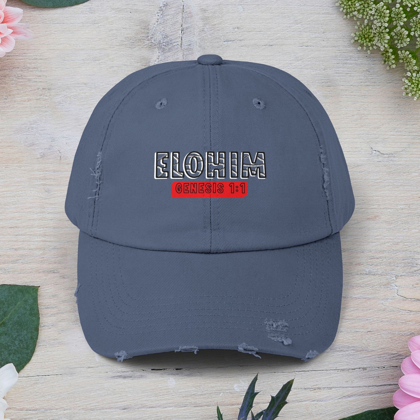 'ELOHIM, GENESIS 1:1- Distressed Cap – Unisex Faith-Inspired Hat for Everyday Wear, Bible Verse Cap, Gift for Religious Friends, Casual Accessories