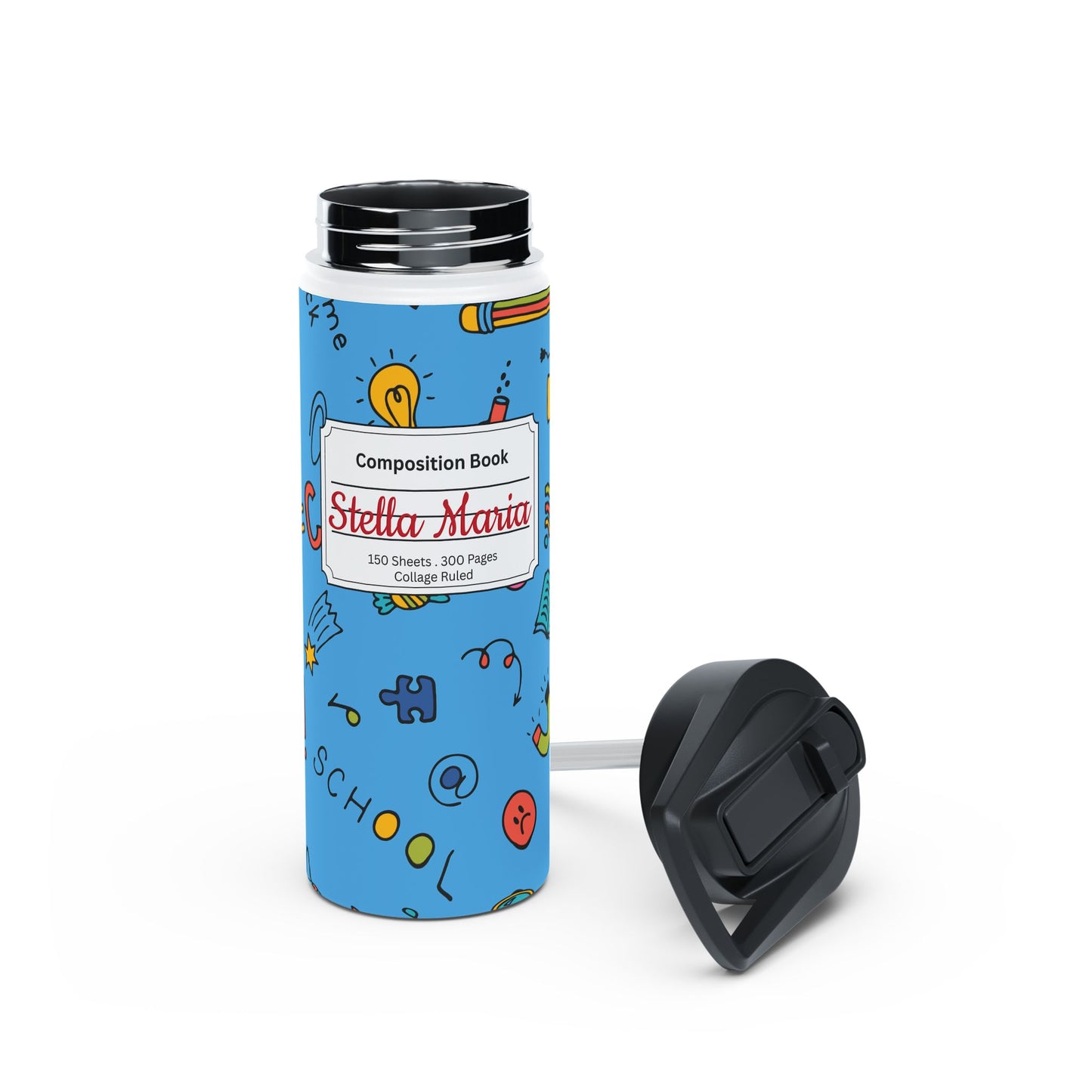 Personalized Classroom Couture Composition Book Inspired Stainless Steel Water Bottle for Kids, School Supplies, Eco-Friendly Drinkware, Back to School, Teacher Gifts