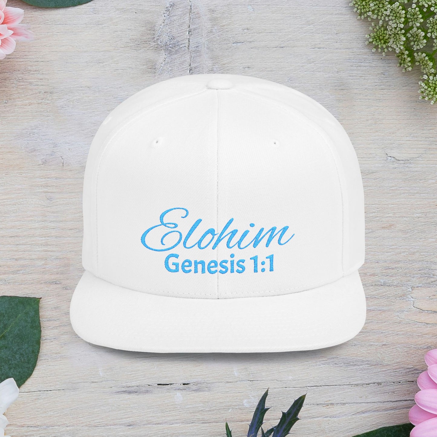 Teal Embroidery 'ELOHIM, GENESIS 1:1' Flat Bill Snapback Hat, Stylish Cap for Everyday Wear, Church Events, Gift for Him/Her, Streetwear Accessory, Casual Fashion