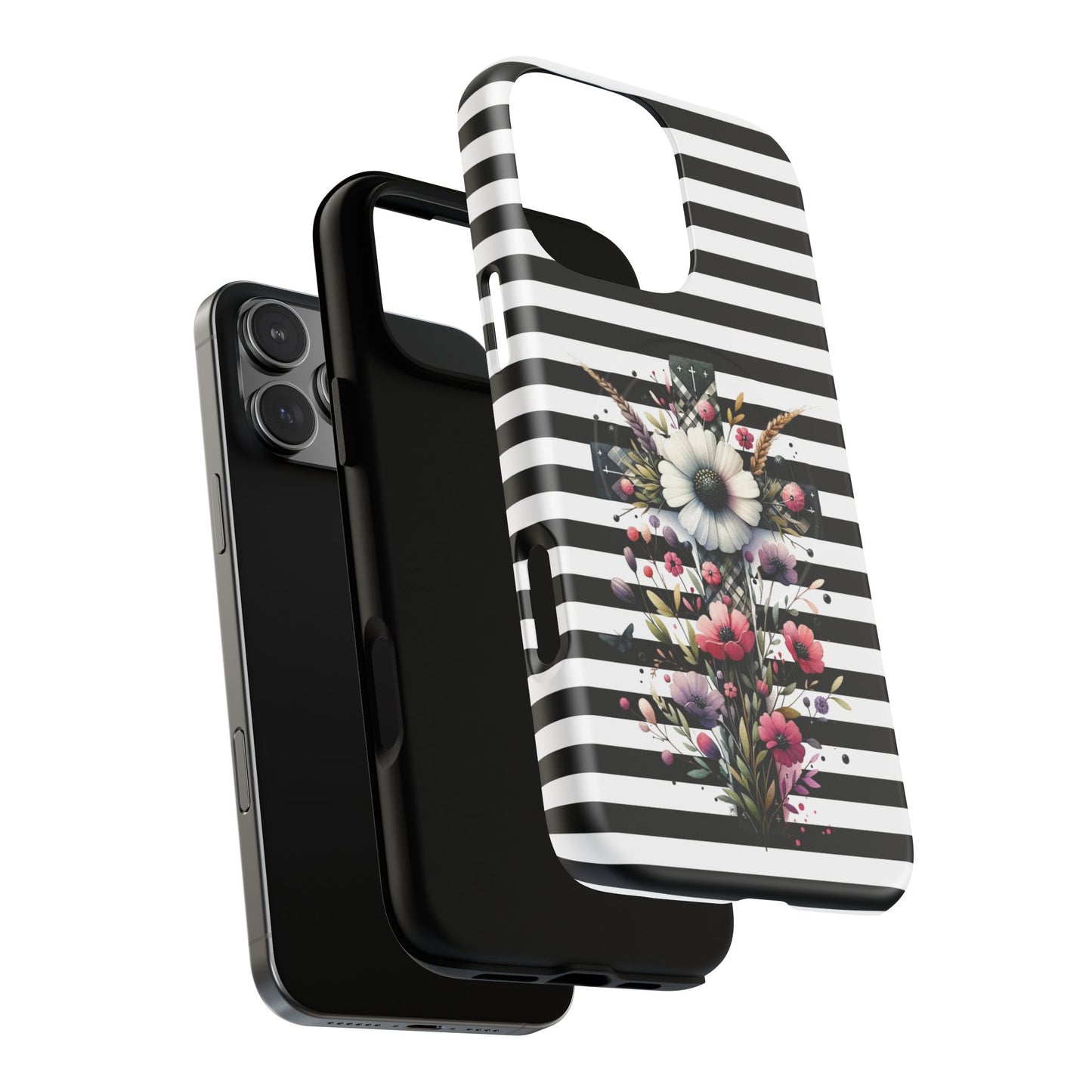 Faith in Bloom Tough iPhone Magnetic Case, iPhone Accessories, Floral iPhone Cover, Durable Cases for Gifts, Black and White Stripes