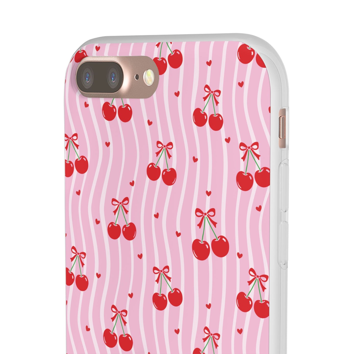 Personalized Cherry Blossom Dreams Flexi Case — Pink Retro Cherry iPhone® 7/8, 11, 12, 13, 14, 15, 16, 17, X/XS, SE, XR, Mini, Pro, Pro Max, Plus Cases.