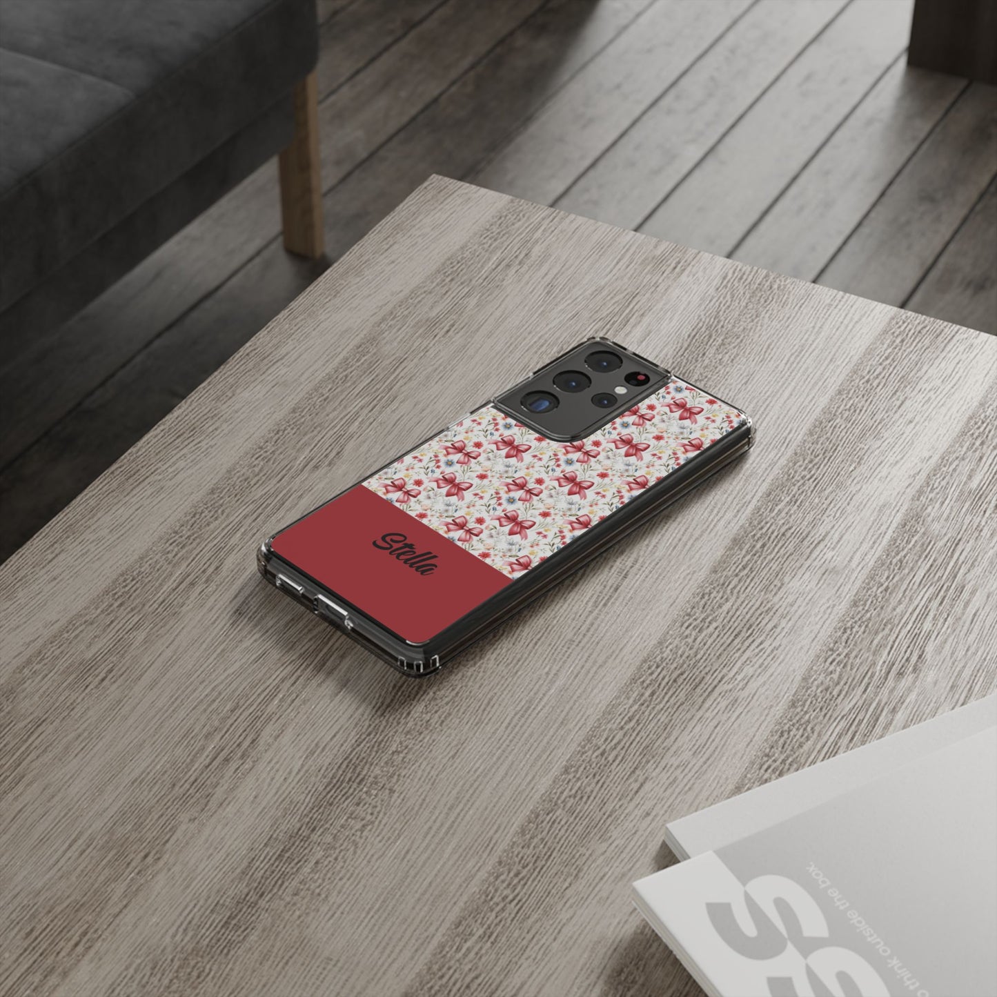 Personalized Rosette Coquette Floral Bow Clear iPhone, Samsung Cases — Custom Name Phone Cover