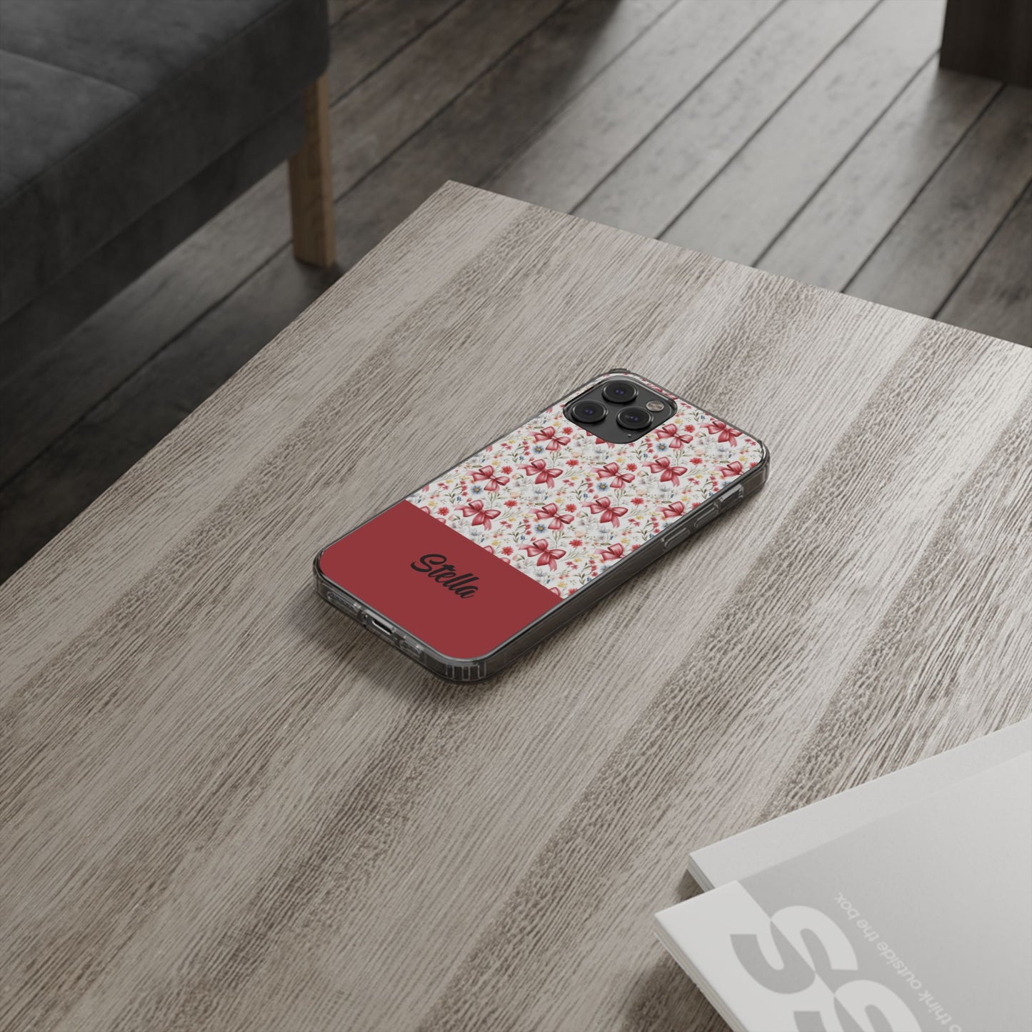 Personalized Rosette Coquette Floral Bow Clear iPhone, Samsung Cases — Custom Name Phone Cover