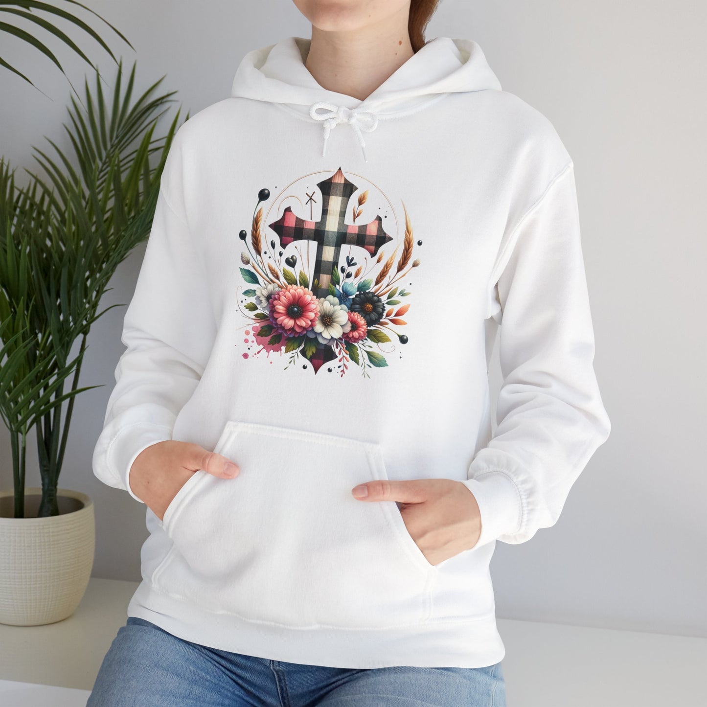 Faith and Floral Cross Unisex Heavy Blend™ Gildan Hooded Sweatshirt.