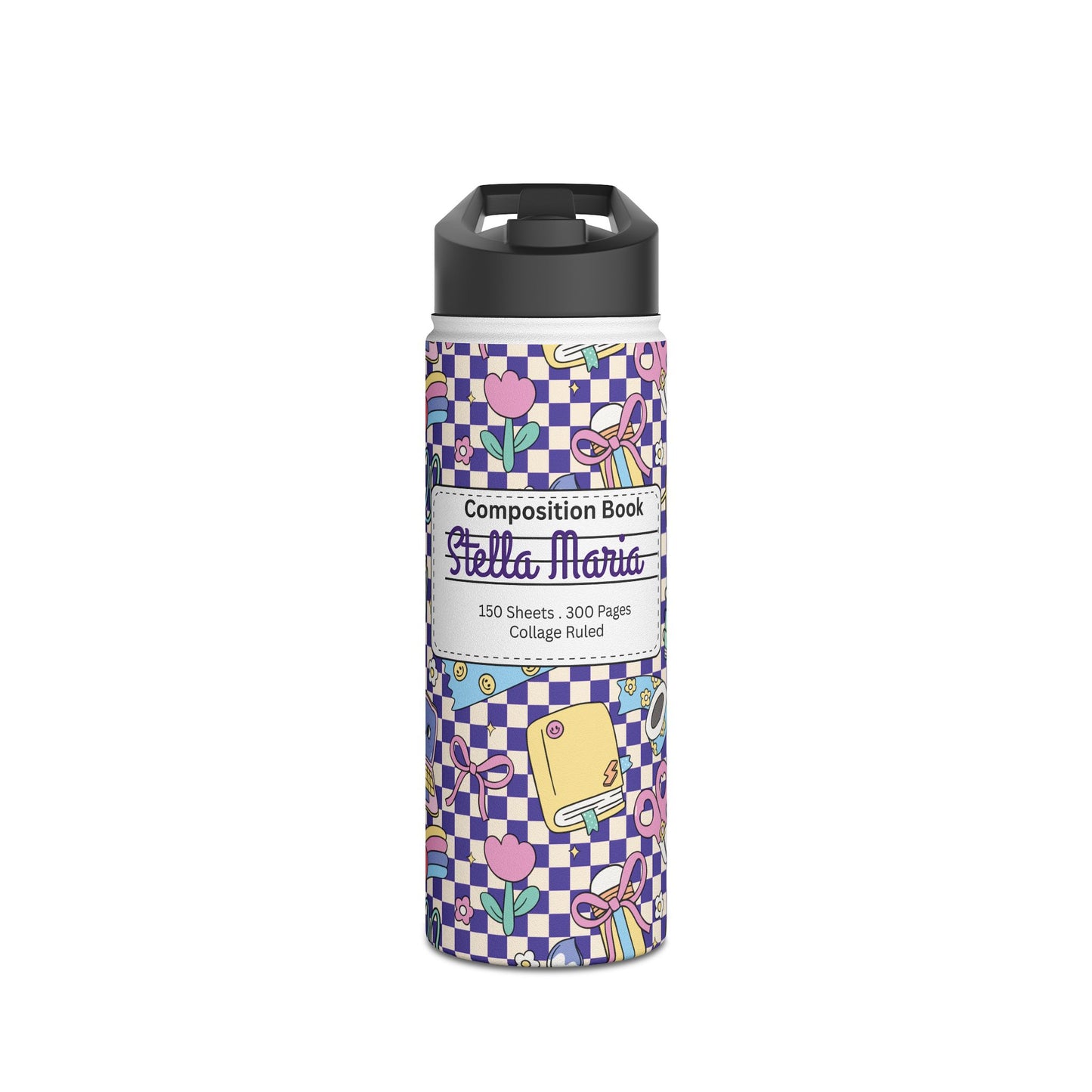 Personalized Purple Doodle Daydream Composition Book Inspired Stainless Steel Water Bottle for Kids, School Supplies, Eco-Friendly Drinkware, Back to School, Teacher Gifts