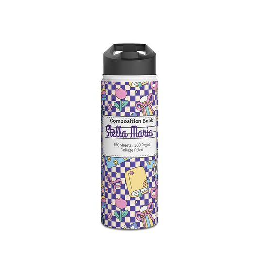 Personalized Purple Doodle Daydream Composition Book Inspired Stainless Steel Water Bottle for Kids, School Supplies, Eco-Friendly Drinkware, Back to School, Teacher Gifts