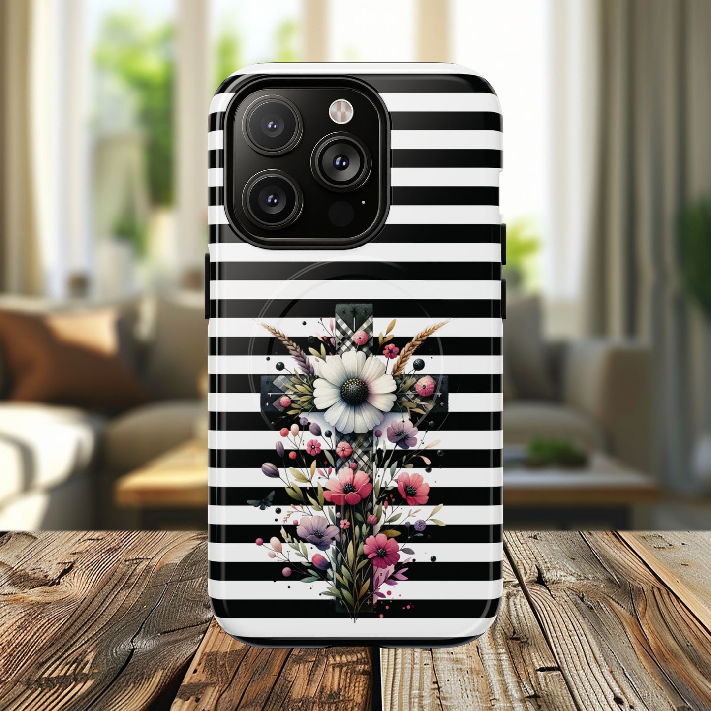 Faith in Bloom Tough iPhone Magnetic Case, iPhone Accessories, Floral iPhone Cover, Durable Cases for Gifts, Black and White Stripes