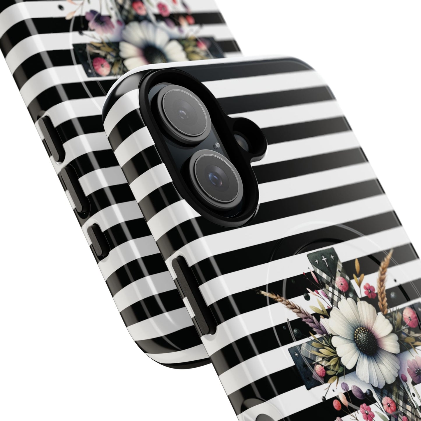 Faith in Bloom Tough iPhone Magnetic Case, iPhone Accessories, Floral iPhone Cover, Durable Cases for Gifts, Black and White Stripes