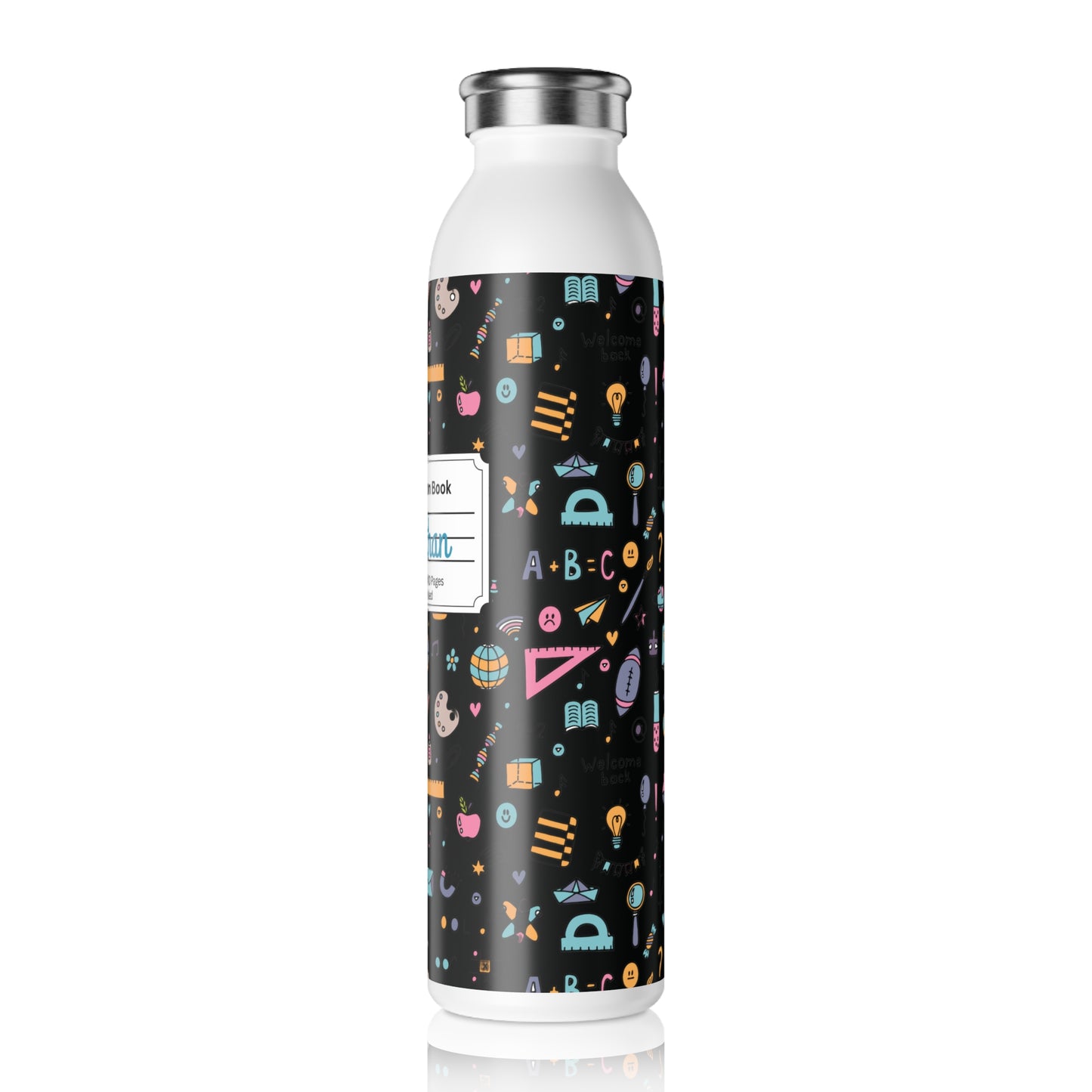 Personalized Chalkboard Chic Composition Book Inspired Slim Water Bottle, Customizable Drinkware, Eco-Friendly Hydration Bottle, Perfect for Gifts, School Supplies, Back to School
