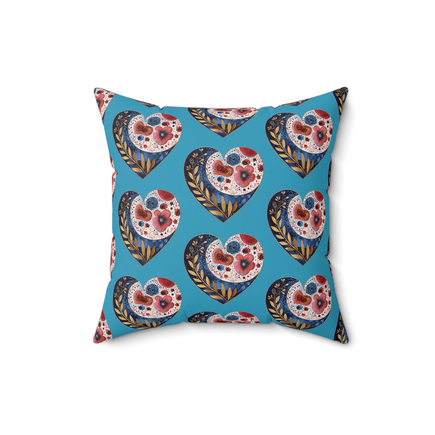 Turquoise Floral Heart Spun Polyester Square Pillow