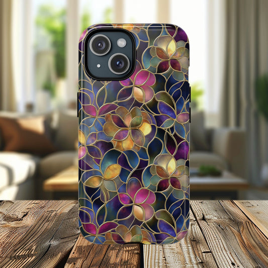 Chromatic Bloom Tough iPhone Magnetic Case, Tough iPhone Cover, Floral iPhone Accessory, Birthday Gift, Elegant Tech Decor, MagSafe Stained Glass Pattern.