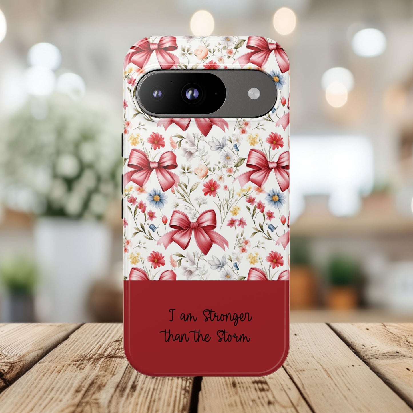 Personalized Rosette Coquette Phone Case - Custom Name/Message 'I Am Stronger Than The Storm' Floral Bow Protective Case
