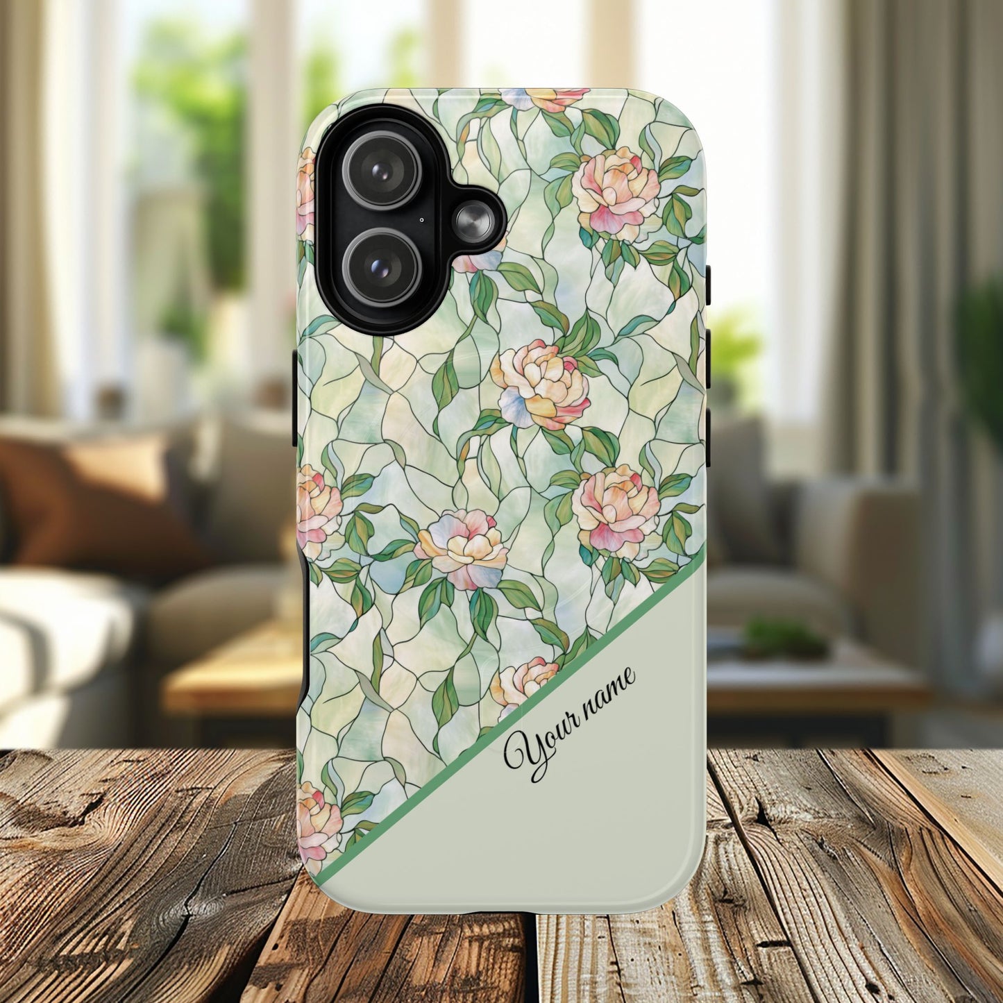 Personalized Petal Whispers Stained Glass Tough Magnetic iPhone Case, Durable Rose Pattern, Cute Gift for Her, iPhone Accessory, Mother's Day, Birthday Gift