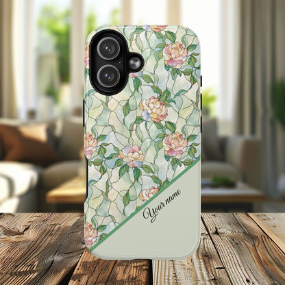 Personalized Petal Whispers Stained Glass Tough Magnetic iPhone Case, Durable Rose Pattern, Cute Gift for Her, iPhone Accessory, Mother's Day, Birthday Gift