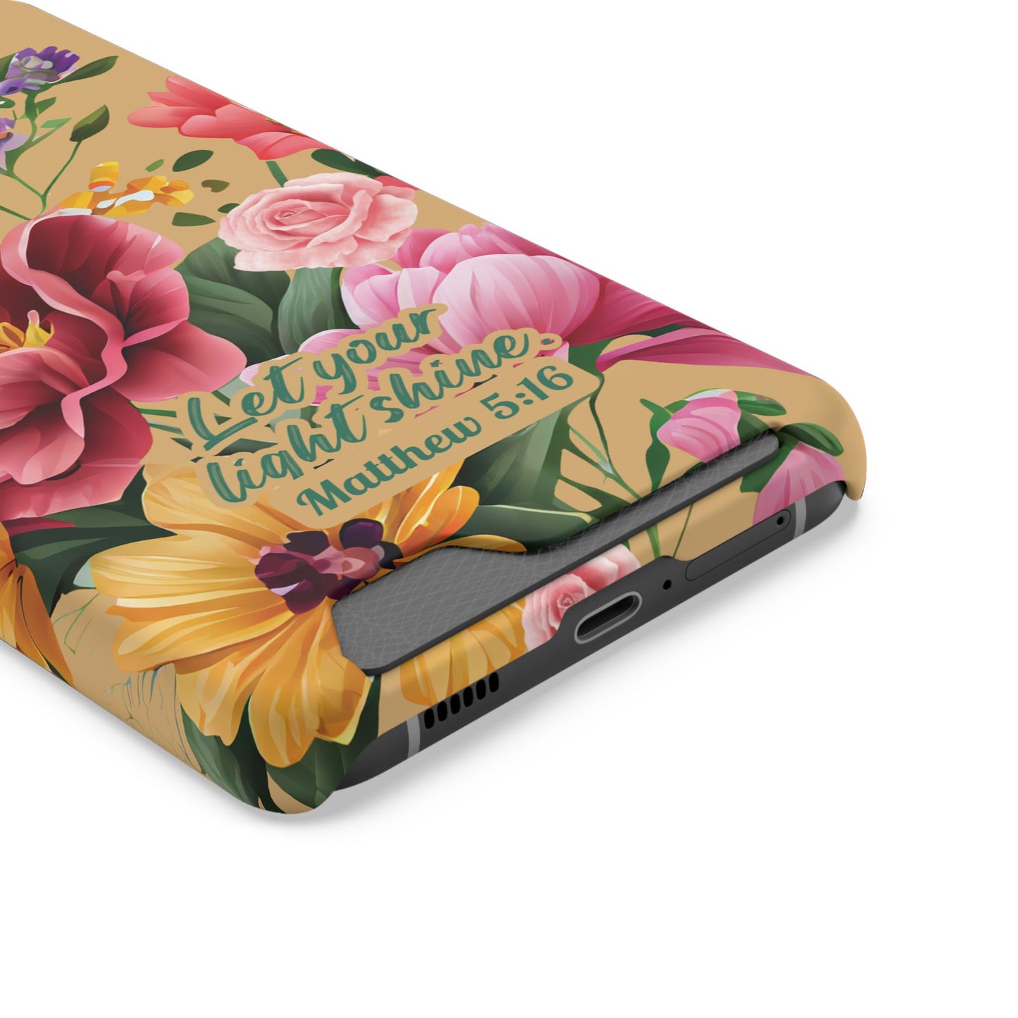 Floral Bible Verse Phone Case with Card Holder — "Let Your Light Shine" (Matthew 5:16)