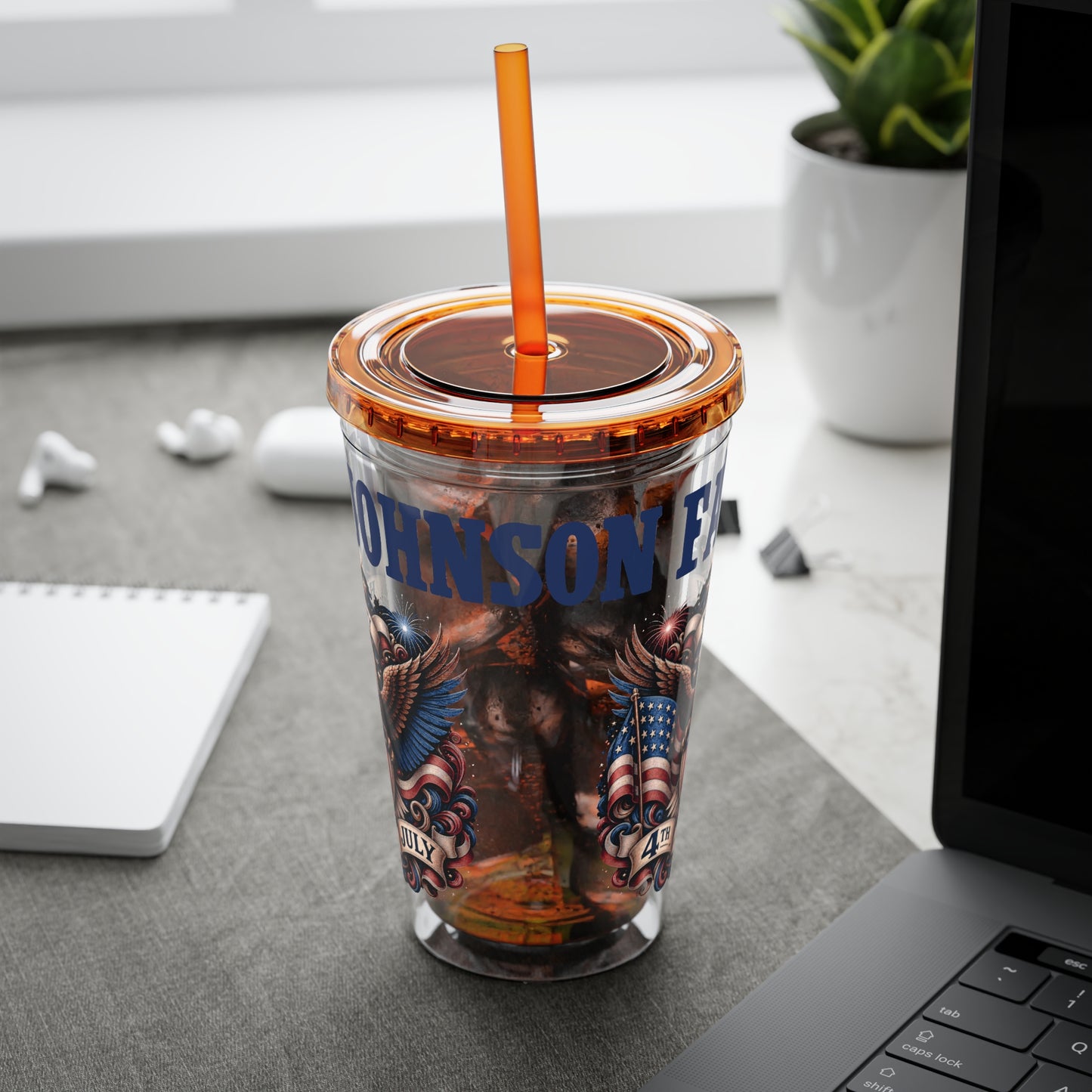 Patriotic Eagle 16oz Tumbler with Straw — "Happy 4th of July" USA Design