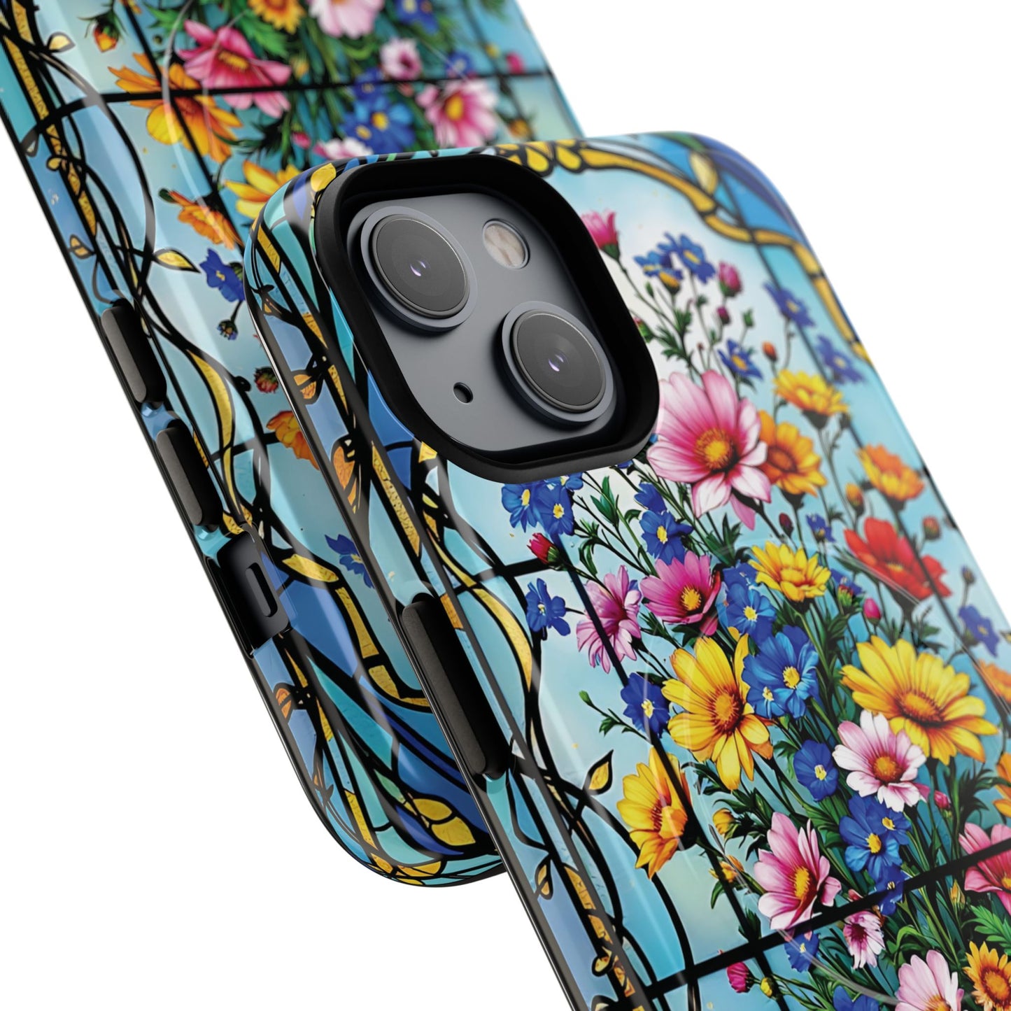 Floral Stained Glass Tough Magnetic Case, Durable Phone Cover, Gift for Nature Lovers, Unique Floral Design, Phone Accessories for All Occasions.