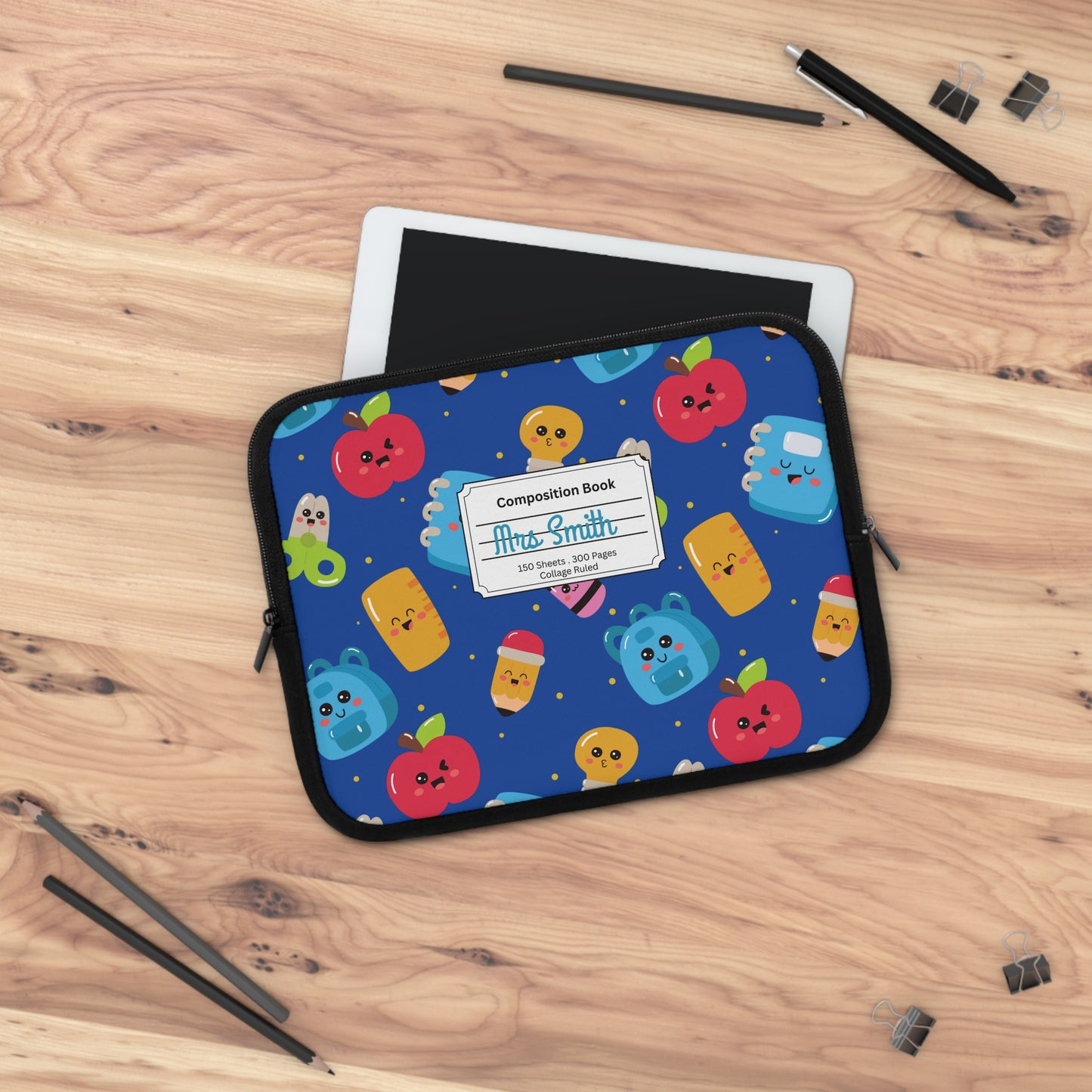 Personalized Blue Kawaii Laptop Sleeve with Composition Book Inspired Design, Customizable Tech Case, School Supplies, Gift for Students, College Essentials, Back to School