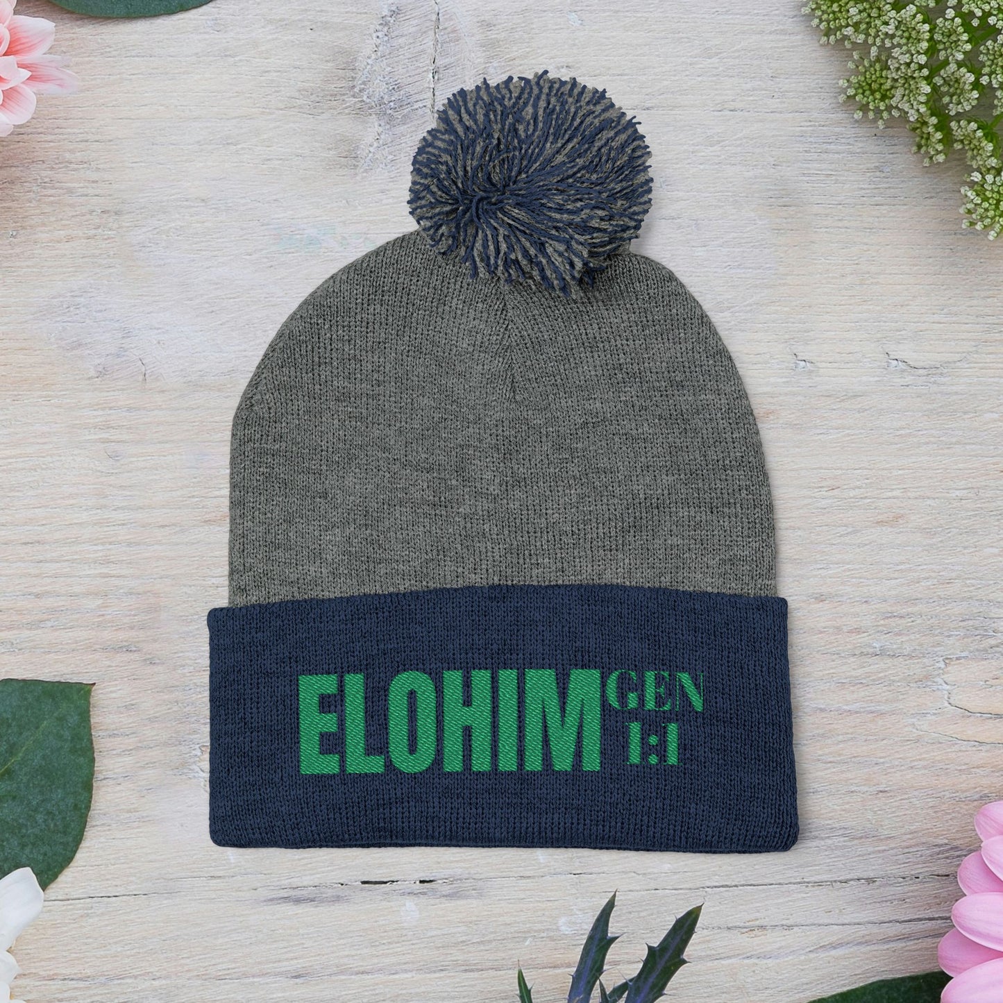 Pom-Pom Knit Cap with 'ELOHIM, GENESIS 1:1'  Embroidery Beanie - Stylish Winter Accessory for All Ages, Perfect Gift for Birthdays, Holidays, and Outdoor Activities