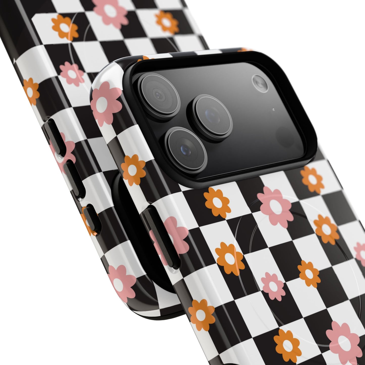 Groovy Checkered Bloom iPhone Case, Tough Magnetic Cases for Women, Stylish iPhone Cover, Trendy Floral Print, Gift for Her, Everyday Accessories