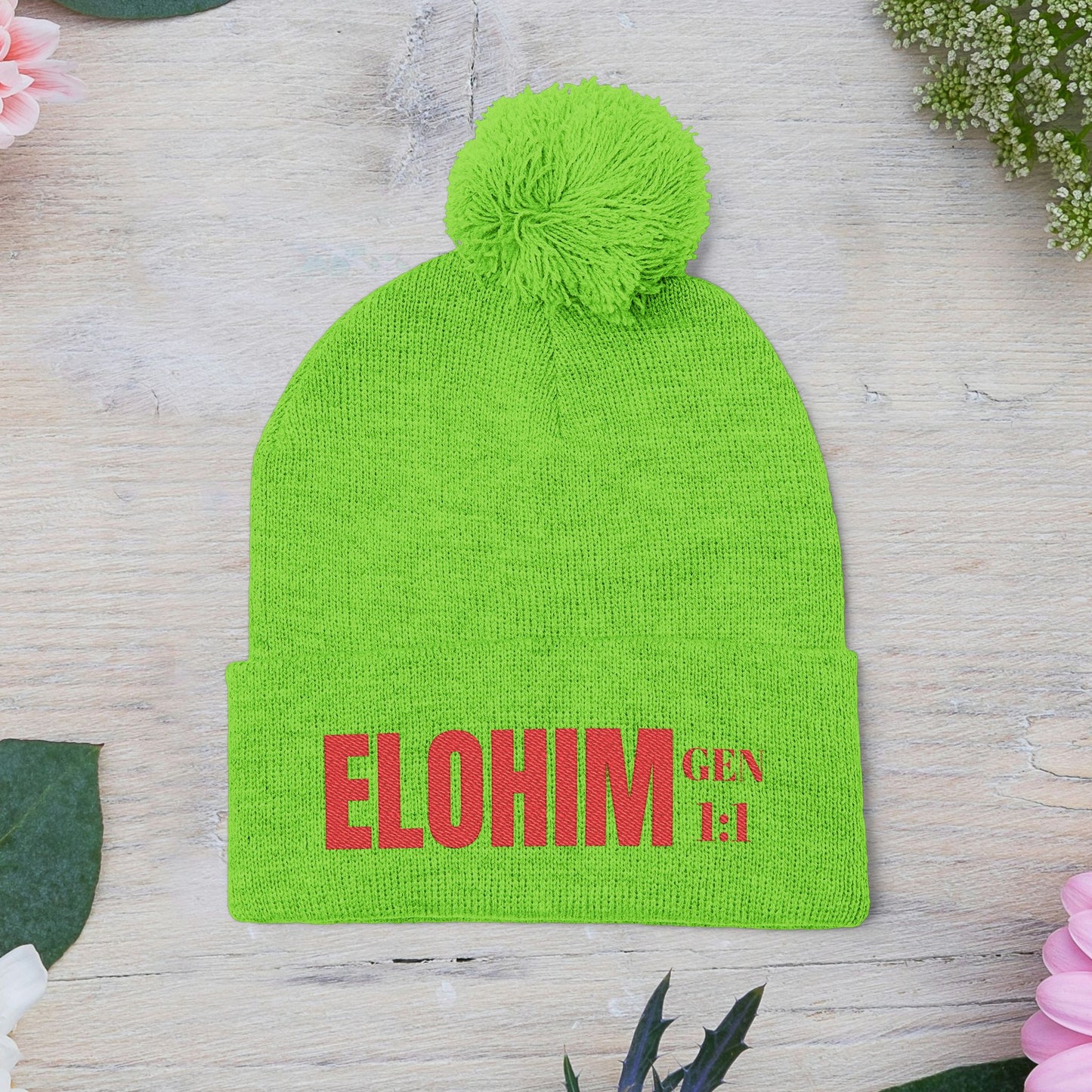 Red Pom-Pom Knit Cap with 'ELOHIM, GENESIS 1:1'  Embroidery Beanie - Stylish Winter Accessory for All Ages, Perfect Gift for Birthdays, Holidays, and Outdoor Activities