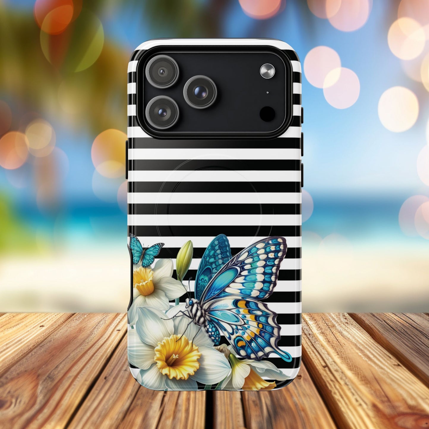 Daffodil Flutter Tough iPhone Magnetic Case, Floral iPhone Accessories, Stylish iPhone Cover, Black Striped Design, Gift for Her, Trendy iPhone