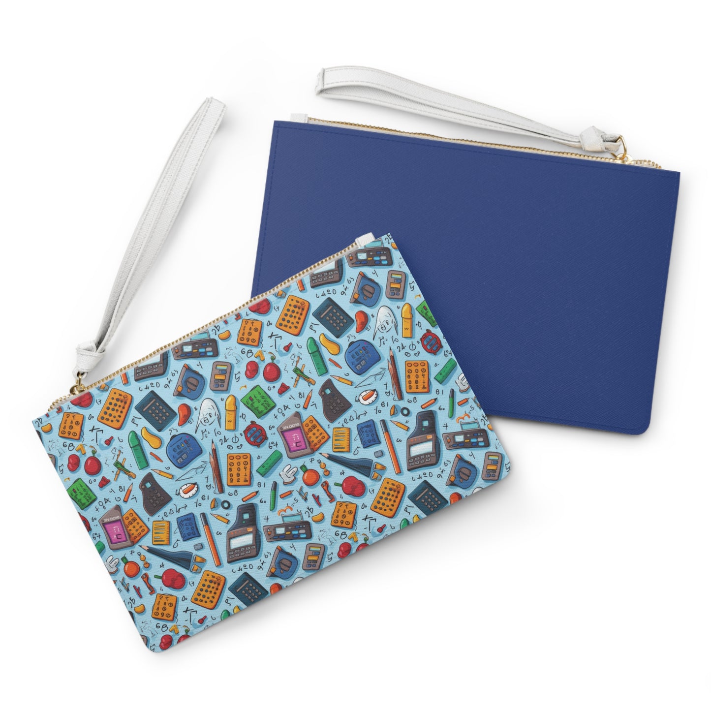 Blue Academic Adventures Clutch Bag - Vegan Leather Saffiano Pattern Fashionista On-the-Go Zip Fastening Wrist Strap.