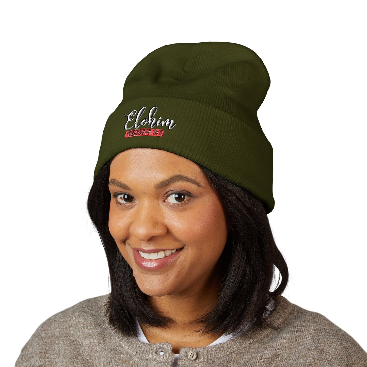 Embroidered 'ELOHIM, GENESIS 1:1' Classic Cuffed Beanie - Cozy Winter Hat, Streetwear Accessory, Personalized Gifts, Religious Apparel, Unisex Beanie