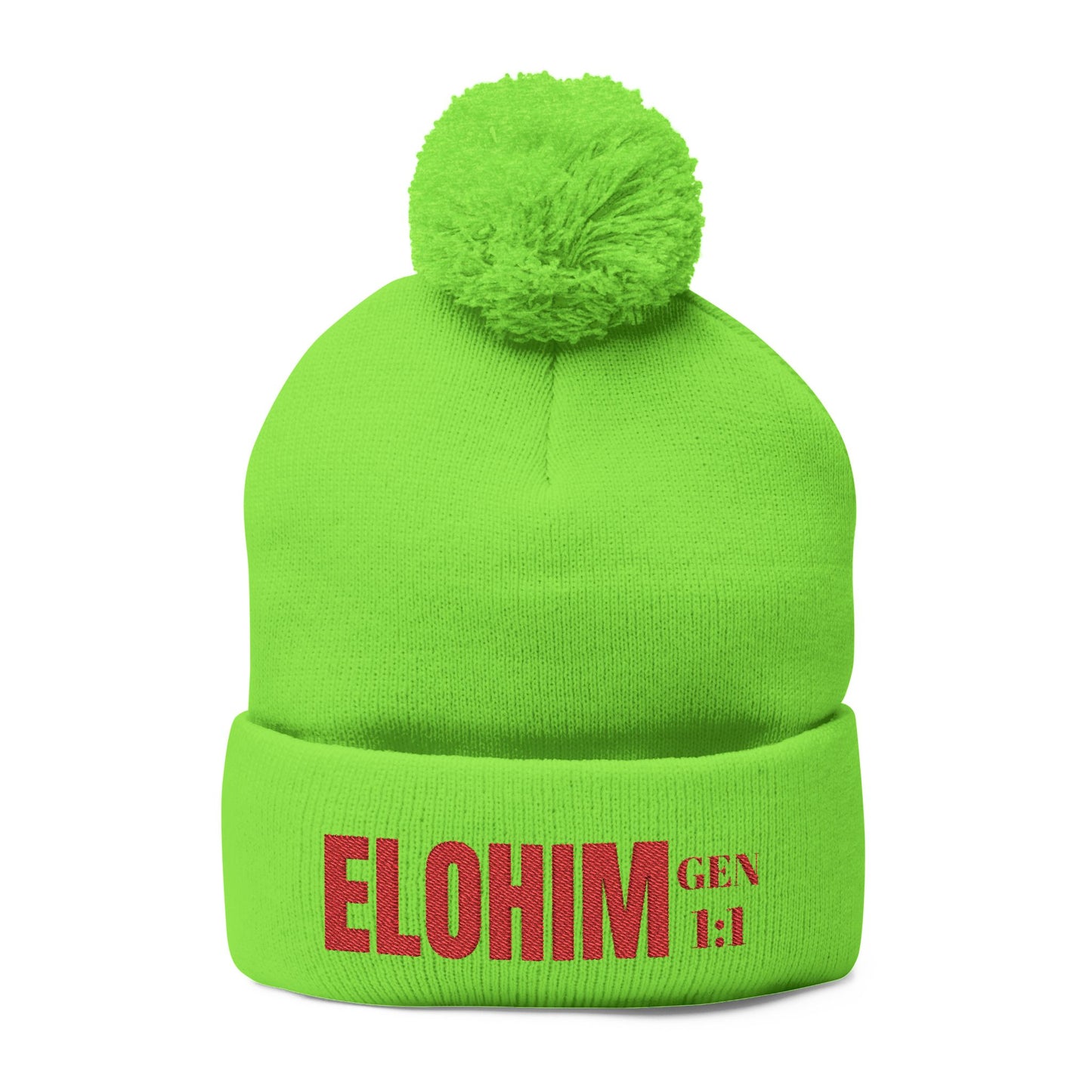 Red Pom-Pom Knit Cap with 'ELOHIM, GENESIS 1:1'  Embroidery Beanie - Stylish Winter Accessory for All Ages, Perfect Gift for Birthdays, Holidays, and Outdoor Activities