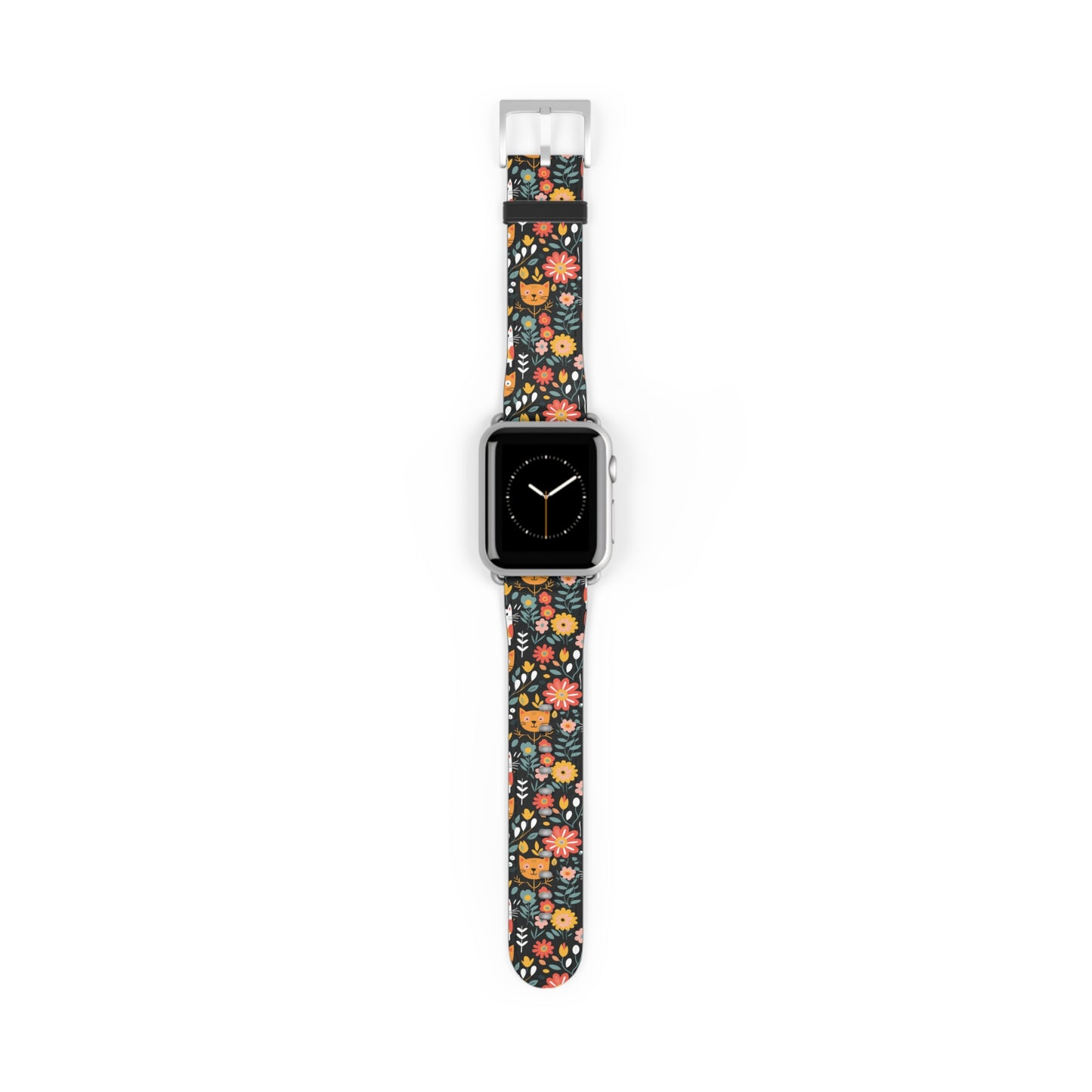 Whimsical Feline Garden Print Watch Band for Apple Watch - Cute Animal Design.