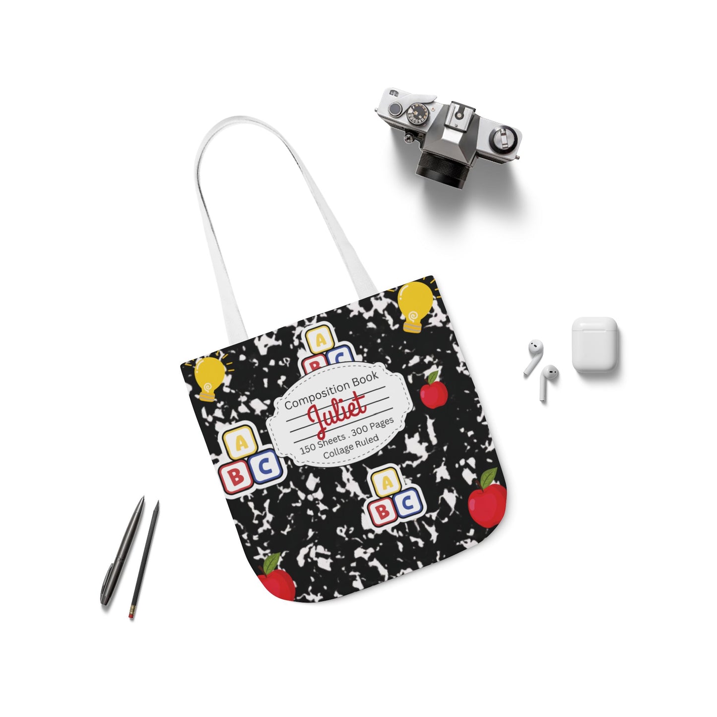 Personalized Black Composition Book Inspired Canvas Tote Bag with Colorful Straps, Cute School Bag, Eco-Friendly Tote, Back to School Shopping Bag, Teacher Gift Idea