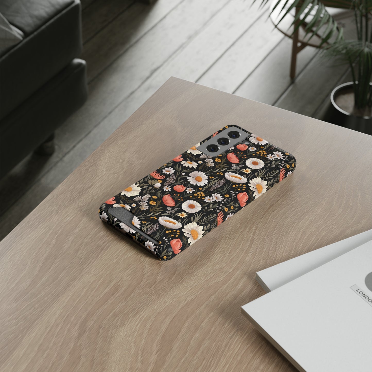 Blossom Elegance: Noir Garden iPhone and Samsung Case With Card Holder