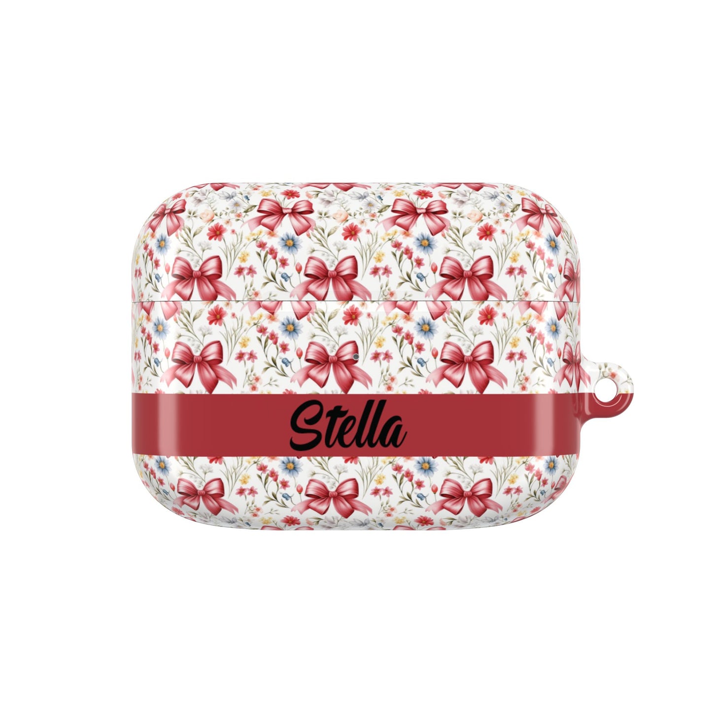 Personalized Rosette Coquette Floral AirPods Pro Gen 1, 2 and Airpods Gen 1, 2, 3, 4 Case — Red Bow Pattern with Custom Name Text.