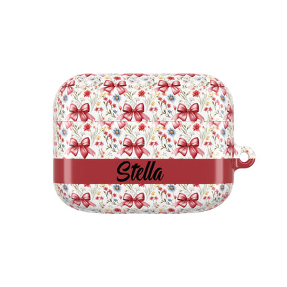 Personalized Rosette Coquette Floral AirPods Pro Gen 1, 2 and Airpods Gen 1, 2, 3, 4 Case — Red Bow Pattern with Custom Name Text.
