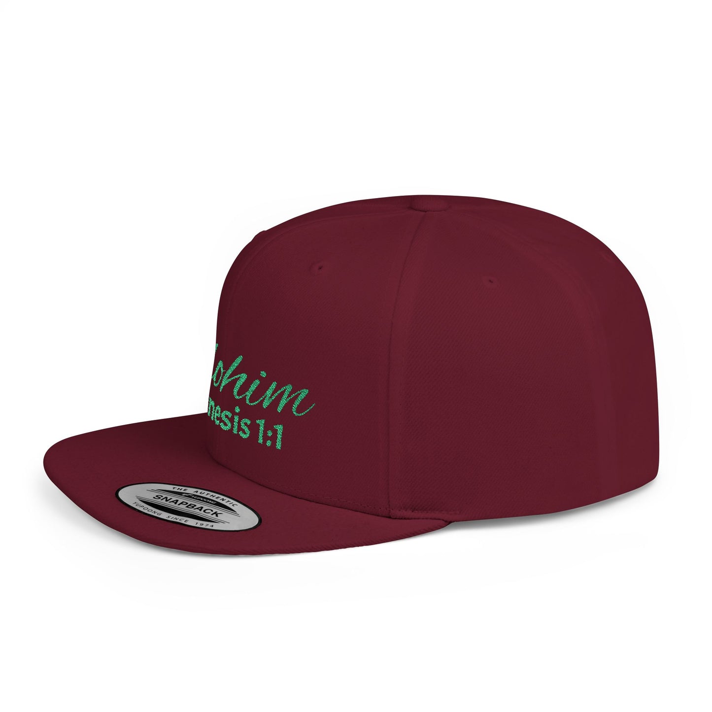 Green Elohim, Genesis 1:1 Snapback Cap - Faith-Inspired Flat Bill Hat, Baseball Hat, Perfect for Gifts, Daily Wear, Spiritual Events.
