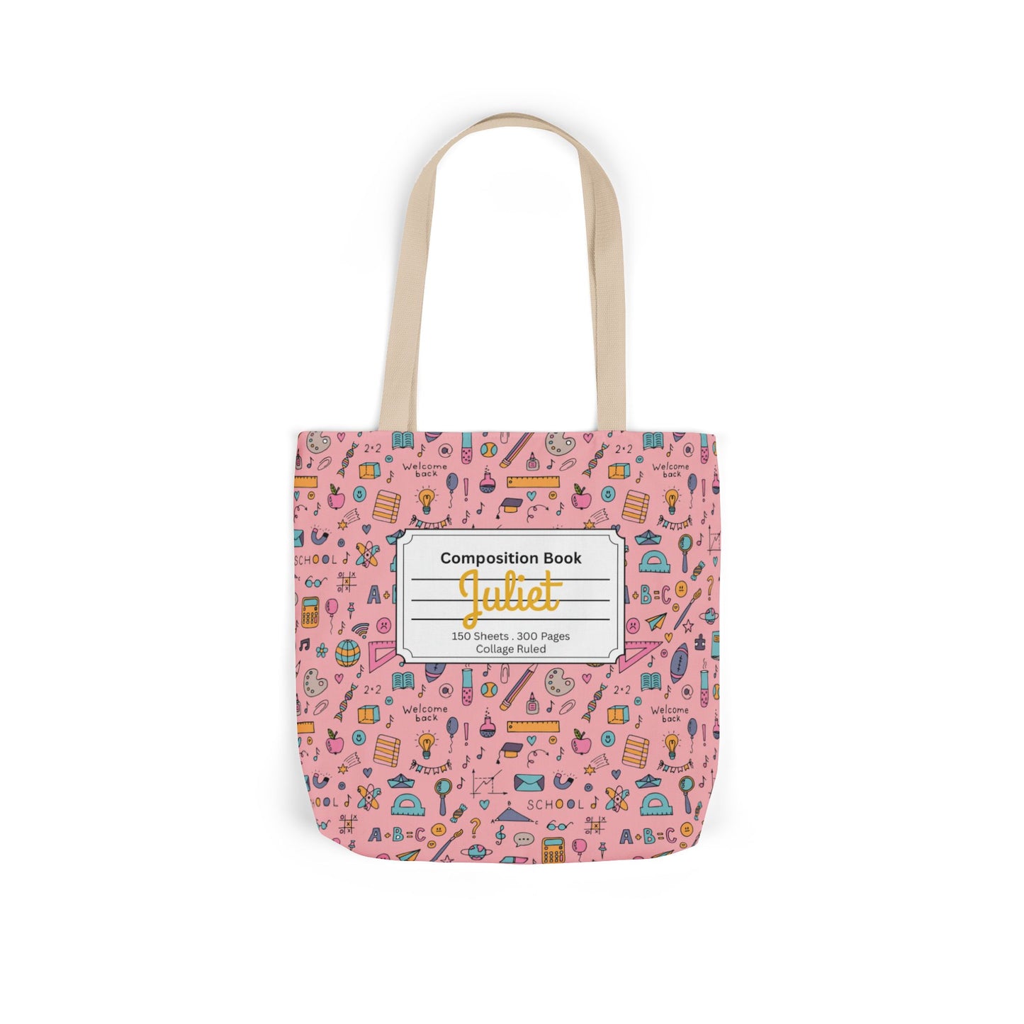 Personalized Pink Chalkboard Chic Composition Book Inspired Canvas Tote Bag with Colorful Straps, Cute School Bag, Eco-Friendly Tote, Back to School Shopping Bag, Teacher Gift Idea