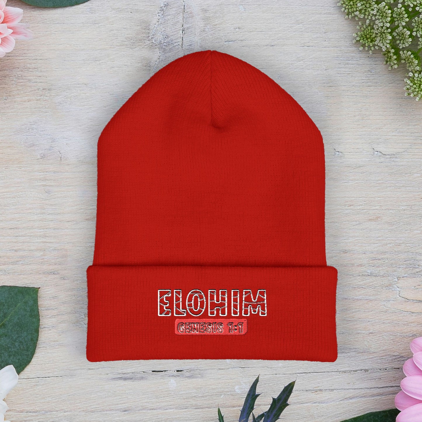 Embroidered 'ELOHIM, GENESIS 1:1' Classic Cuffed Beanie - Cozy Winter Hat, Streetwear Accessory, Personalized Gifts, Religious Apparel, Unisex Beanie