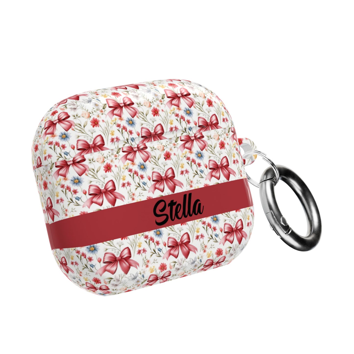 Personalized Rosette Coquette Floral AirPods Pro Gen 1, 2 and Airpods Gen 1, 2, 3, 4 Case — Red Bow Pattern with Custom Name Text.